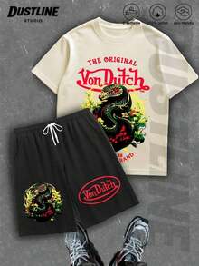 Handmade With Love Mens Creative VON-DUTCHS T Shirt And Shorts Set American Vintage Full Print Street Wear Essential Graphic T Shirt And Shorts Set With Dragon And Logo Print For Casual Outfits Summer Outfits For Women Vacation Outfits Women Summer Clothes Summer - 杏色 - 查看 6