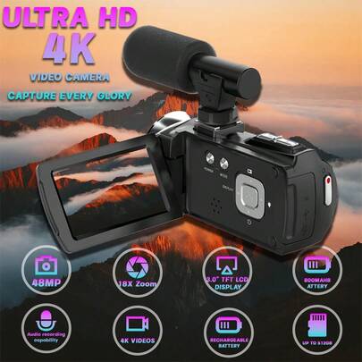 Suier Cámara portátil de mano de alta definición 4K, ¡el mejor regalo para familiares y amigos! Admite grabación y fotografía de video 4K 48MP, equipada con micrófono externo, pantalla LCD de 3.0 pulgadas y tarjeta SD de 32GB.