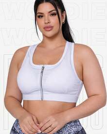 Women's Plus Size Cropped Fitness Top With Zipper And Removable Padding, WOLFOX, In Polyester Spandex. - White - View 4