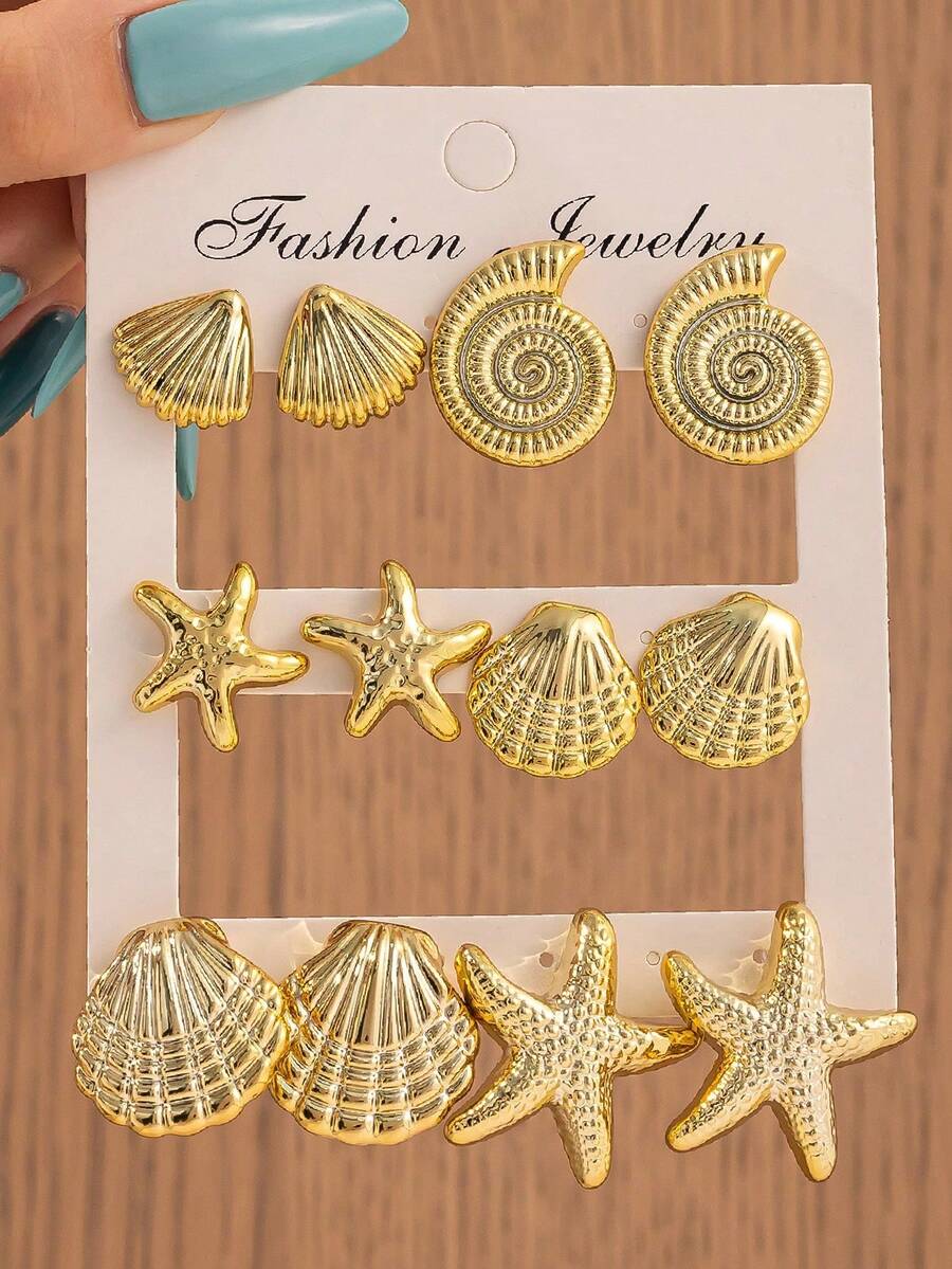 12pcs/Set Fashion Starfish, Shell Earrings Set, Suitable For Summer Travel And Holiday Wear - Gold - View 1