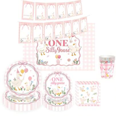 1 Bộ Trang Trí Tiệc Sinh Nhật 1 Tuổi Chủ Đề Vịt Con Màu Hồng, Bao Gồm Băng rôn Sinh Nhật và Bộ Đồ Dùng Ăn Uống