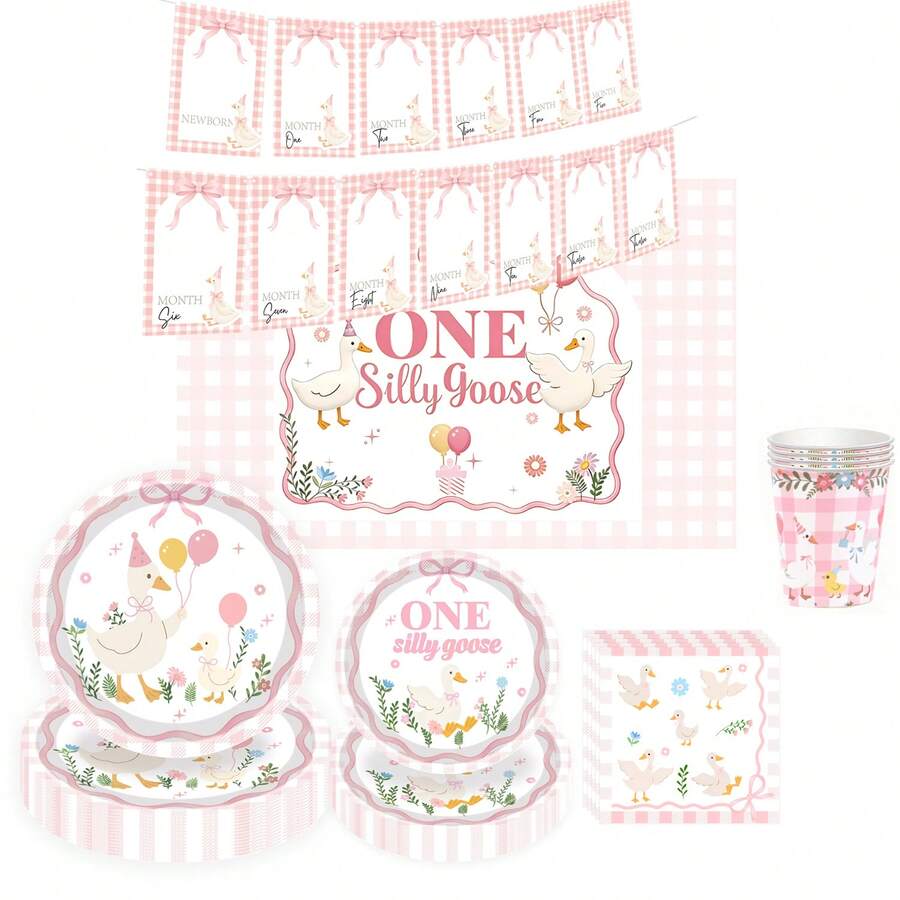 1 Set Pink Gosling Theme 1st Birthday Party Decorations, Including Birthday Banner And Tableware Set - Style 1 - View 1