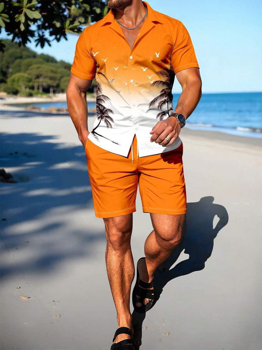 Herren Set aus Kurzarmhemd mit Vogel- und Palmenprint und Casual Shorts - Verschiedenfarbig - Übersicht 1