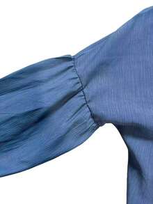 Classic Retro Pleated Loose Deep V Lantern Sleeve Top - Blue - View 9