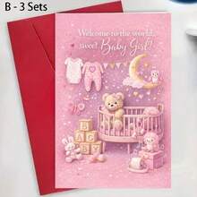 1/3 Sets Newborn Girl Welcome Card & Envelope Suitable For Nursery Decor, Baby Shower Gifts, Birth Announcement Baby Footprints, Gender Reveal Party - Multicolor - View 15