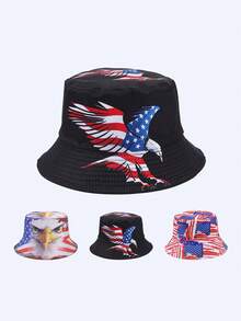1顶男士时尚美国国旗和老鹰数码印花双面渔夫帽，适合所有季节休闲穿着 - A - 查看 5