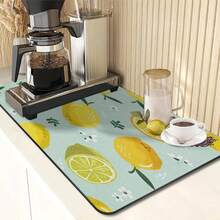 1 Piece, Lemon Print Kitchen Countertop Mat, Dish Drain Mat, Heat-Resistant Coffee Bar Mat, For Use As A Countertop Decoration To Keep Surfaces Clean And Tidy, Dry Quickly, And Resistant To Mold. Available In Various Cute Citrus-Themed Designs. - 258 - View 9