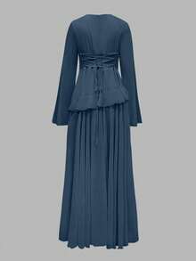 Women's Elegant Flounced Splice Cinched Waist Flare Sleeve Dress, Spring/Summer - 霧霾藍 - 查看 8