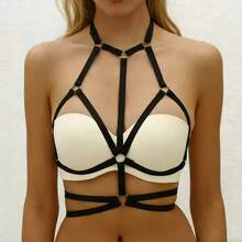 1pc Fashionable Black Elastic Body Harness, Adjustable Buckle Strap Cage Bra Top, Comfortable Multipurpose Women Blouse - Black - View 1