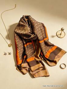 Moemton 通勤和办公必备：女士经典双F复古真丝围巾/披肩，手工卷边，数码活性印花和提花织造工艺 - 橘色 - 查看 7