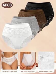 MEIYATING 4pcs Women's Mid-Waist Lace Patchwork Panties, Floral Pattern, Soft & Comfortable, Hollow-Out Sexy Romantic Lace Trim Thin Bikini Underwear - Multicolor - View 4