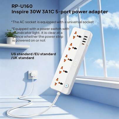 REMAX 啟迪 30W 3A1C 5座排插轉接器，3PCSUSB口，外殼PC材質抗衝擊，耐高溫，AC口插口搭配萬用插孔，配備電源開關帶指示燈，配備電源開關帶指示燈