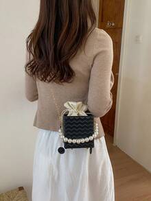 女士迷你方形包，时尚抽绳手提包，夏季时尚百搭链条单肩包 - 黑色 - 查看 3