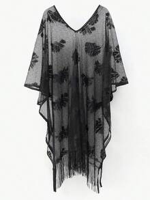 1 pieza Capa elegante de encaje hueco para mujer, protección solar casual de playa de verano para vacaciones, chal de encaje - Peonía negra - Ver 4