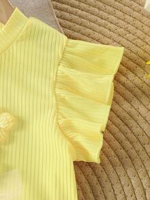 2pcs/Set Toddler Girls' Cute 3D Floral Decor Round Neck Short Sleeve Casual Tank Top And Yellow Ruffle Hem Shorts Set, Summer 2025 - Yellow - View 4