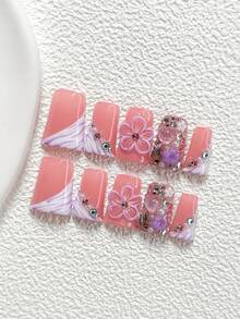 10Pcs Dreamy Fairy Style Handmade Nail Art Set,Unghie Press On,Colorful Rhinestones, Hand Pinched Five Petal Flower,White And Purple Nail Polish,Includes Nail Tools,3 Sizes Available,Almond Nails, Duck Nails,Coffin Nails For Party, Dance, Daily Wear. - 彩色 - 查看 11