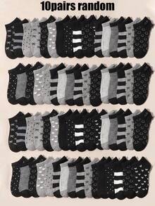 10双装男女童夏季隐形船袜，柔软透气，黑灰色，图案包括人脸、爱心和条纹，适合返校、休闲和居家穿着。 - 彩色 - 查看 6