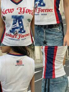 Camiseta de malla ajustada con cuello en V y cordón, adecuada para el estilo callejero en primavera y verano, ropa de verano para mujer, Copa Mundial - Multicolor - Ver 7