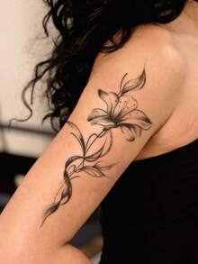 1pc Fashionable Waterproof High-End Floral Line Tattoo Sticker, Niche Wrapped Vine Element Fake Temporary Tattoo, Suitable For People - Black - View 2