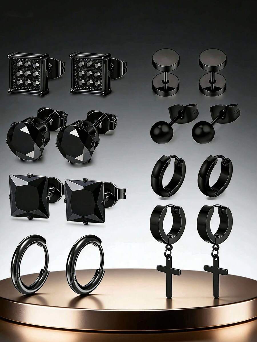 8 Pairs Fashionable & Elegant Stainless Steel Earring Set, Available In Multiple Colors, Suitable For Daily Wear Or Parties, Can Be Gifted To Friends And Family - 8 Pairs Of Earrings - View 1