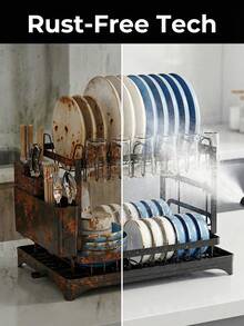 2-Tier Dish Rack, Carbon Steel Kitchen Countertop Storage Rack With Drip Tray, Black - Multicolor - View 7