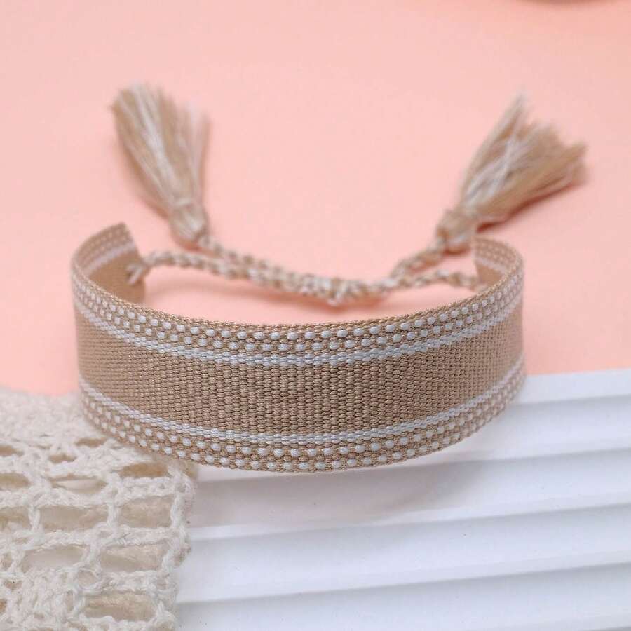 1pc Handmade Vintage Minimalist Boho Style Woven Bracelet, Suitable As Gift For Family, Friends, Students, Festivals, Parties, Traveling - Khaki - View 1