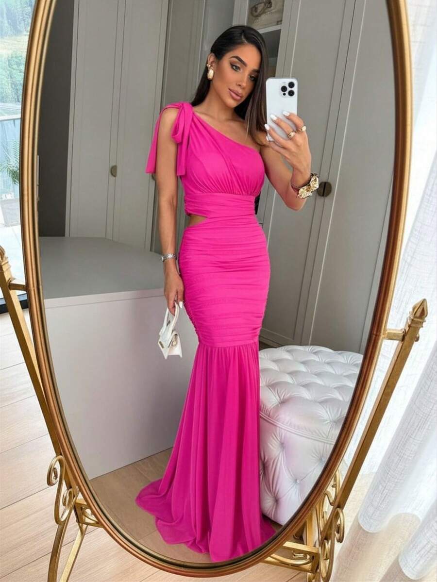 Midi Long Party Dress In Lined Tulle - Single Strap - For Bridesmaids, Guests And Graduates, Wedding - 玫紅色 - 查看 1