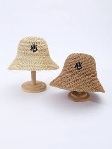1 pieza Sombrero de paja con bordado 3D de letra NY para mujer, adecuado para viajes a la playa en verano, uso diario en estilo bohemio - A - Ver 4