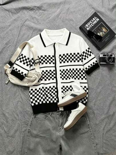 Áo len nam tay ngắn cổ polo dệt kim họa tiết kẻ caro phối màu tương phản, kiểu dáng casual, thích hợp cho mùa xuân/hè.