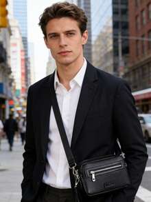 Bolso bandolera casual de cuero sintético para hombre, bolso de hombro minimalista para ir al trabajo - Negro - Ver 8