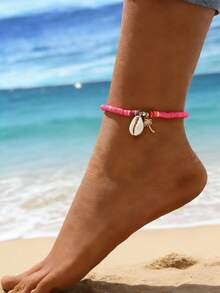 1pc Bohemian Ocean Style Fashion Sexy Elegant Delicate Polymer Clay Coconut Tree & Shell Pendant Anklet, Suitable For Beach Holiday Wear - Hot Pink - View 1
