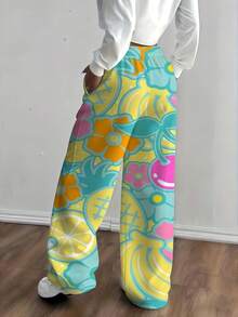 Women Floral Pineapple Print Wide Leg Pants Summer Casual Long Pants Machine Washable Leisure Wear Sporty Style Pants - 白色 - 查看 2