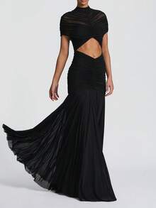 Đầm phù dâu thanh lịch, thời trang với cổ cao, thiết kế eo khoét và lớp lưới hai lớp. - màu đen - Xem 4