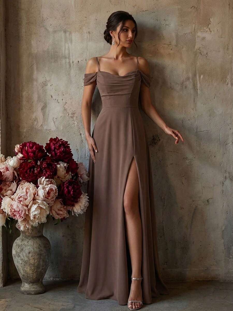 This Distinctive Long Bridesmaid Dress Features Off-The-Shoulder Straps And An Elegant Pleated Design. - Dusty Pink - View 1
