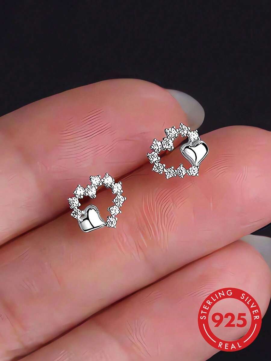 GAGAFEEL 1 Coppia di Orecchini a Perno in Argento Sterling 925 Vintage Minimalisti Carini Piccoli ed Eleganti con Cuore Cavo e Zirconia, Adatti per Fidanzata, Amante, Moda di Lusso, Uso Quotidiano, Regalo di Compleanno
