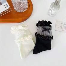 1双蕾丝网眼蝴蝶结洛丽塔风格象牙色中筒袜，透气荷叶边夏季袜 - 彩色 - 查看 6