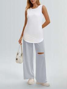 Women's Spring/Summer Basic Loose Fit Round Neck Side Slit Long Sleeve Top - White - View 4