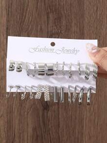 60/48/36/24/12pcs Vintage Classic Punk Style Metal Earrings Set For Women, Elegant Faux Pearl Heart Stud Earrings, Exaggerated Geometric Square Hoop Earrings, Suitable For Daily Wear And Music Festivals, Also An Ideal Gift For Holidays And Mother's Day - Silver - View 10