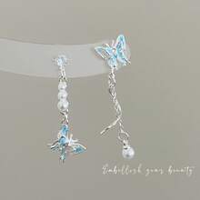 Women Dangle Earrings - Blue Pearl Butterfly - View 4