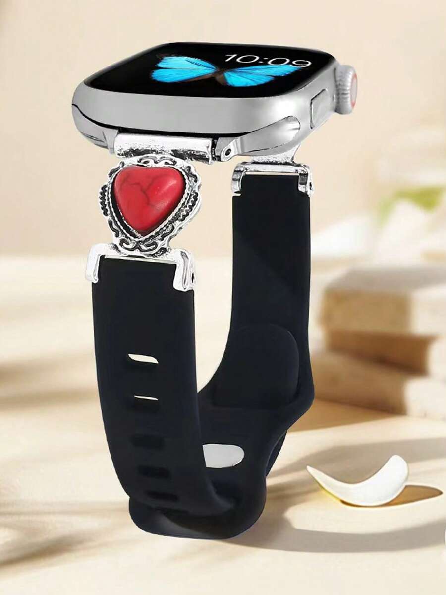 1条复古心形绿松石镶嵌硅胶表带，适用于 38mm 40mm 41mm 42mm 44mm 45mm 49mm，波西米亚风格表带，兼容 Series 11 Ultra 3 SE3 Ultra 2 S10 SE2 9 8 7 SE 6 5 4 3 2 1，适合搭配各种服饰，日常佩戴，假日休闲。 - 黑色 - 查看 1