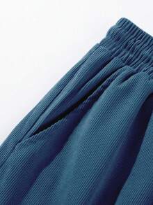 American Street Style Solid Color Corduroy Drawstring Beach Shorts, Men's Loose Fit Patchwork Casual 5-Inch Shorts - Navy Blue - View 9