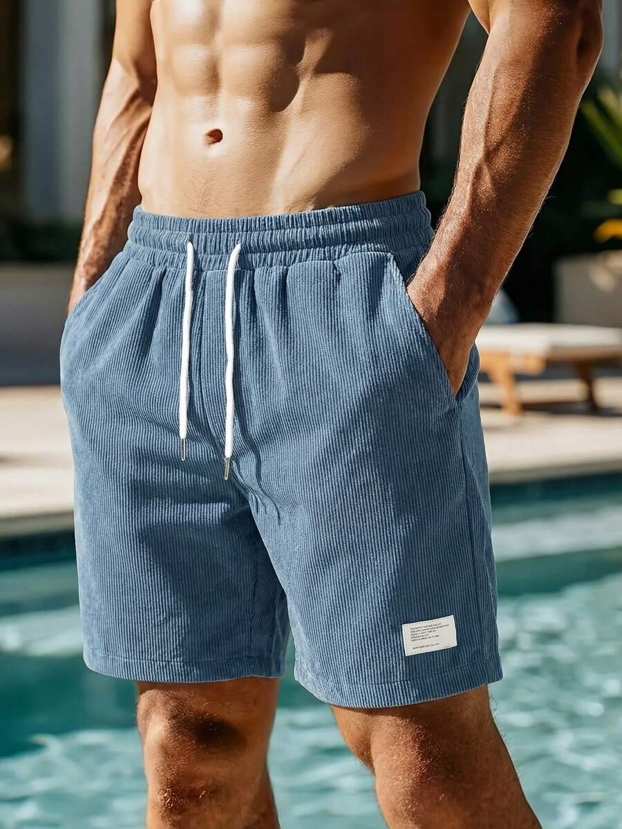 American Street Style Solid Color Corduroy Drawstring Beach Shorts, Men's Loose Fit Patchwork Casual 5-Inch Shorts - Navy Blue - View 1