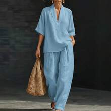 2026 Spring/Summer Women's Loose Solid Color Imitation Linen Casual Wide-Leg Pants Set Fashionable And Comfortable Two-Piece Outfit - màu đen - Xem 3