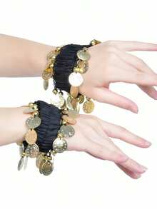 Bộ phụ kiện múa bụng, bao gồm khăn quấn hông đính đồng xu và vòng tay vải cùng màu, thích hợp cho sân khấu, tiệc tùng, biểu diễn múa (có thể có sự khác biệt nhỏ về màu sắc). - Nhiều màu - Xem 31
