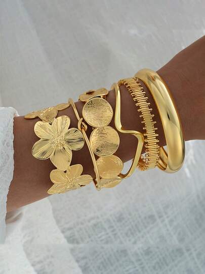 1/5 piezas Conjunto de pulseras con flor de metal asimétrica inspirada en monedas vintage, adecuado para uso diario, fiesta, regalo para amigos, novia