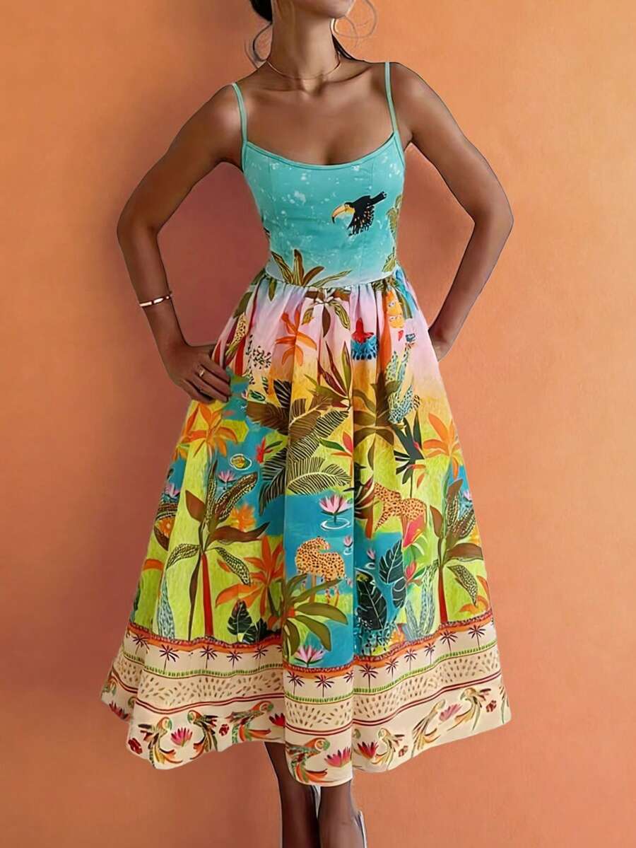 Đầm không tay họa tiết động vật nhiệt đới, kiểu dáng thường ngày, thích hợp cho kỳ nghỉ hè, dành cho nữ, mùa xuân/hè - Nhiều màu - Xem 1
