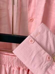 Linen Shirt And Shorts Set (2 Pieces), Lined With Elastic. - merah muda terang - View 3