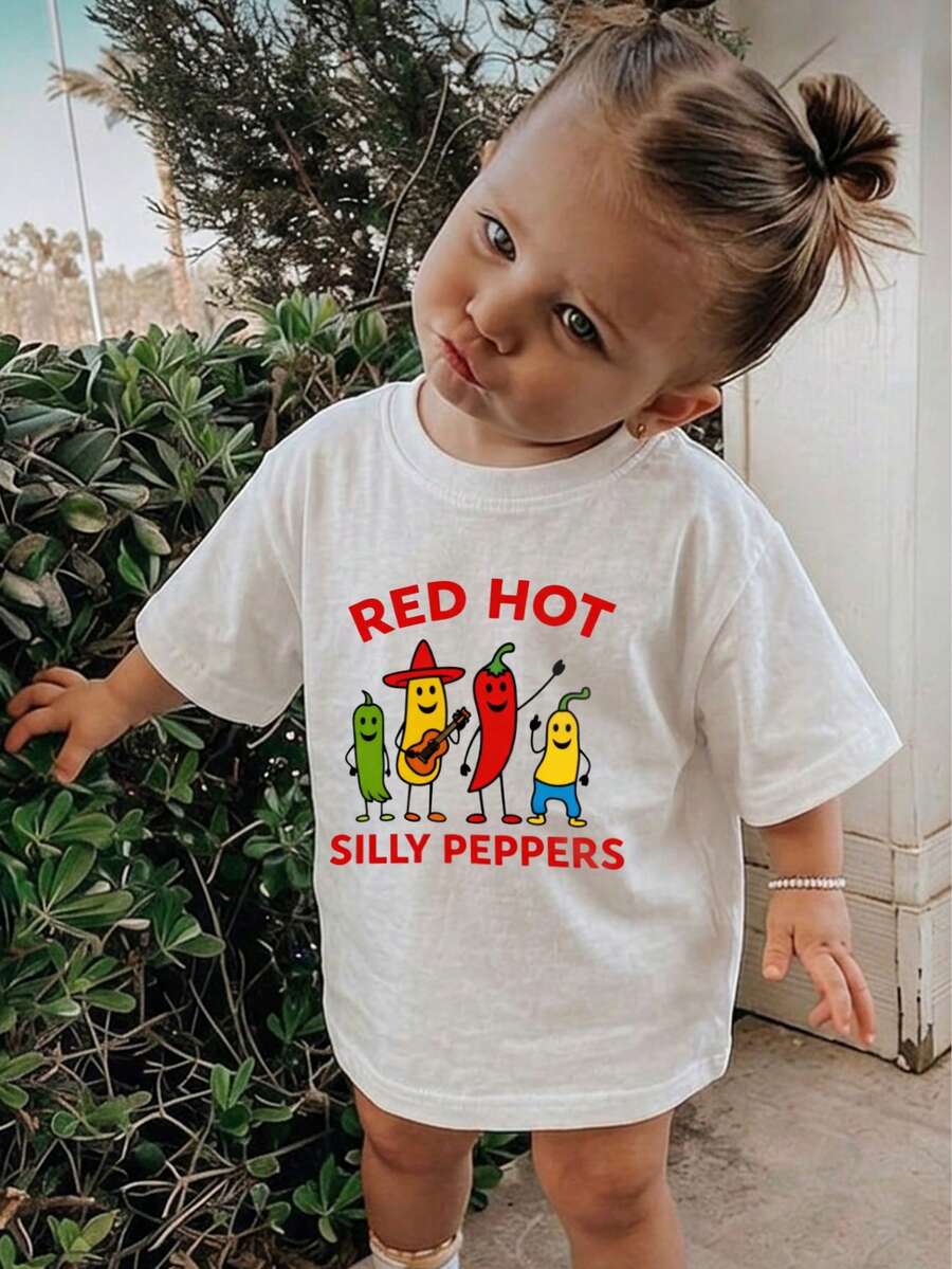 1pc Baby Girls' Creative Cartoon Decor Letter Slogan Print Basic Round Neck Short Sleeve T-Shirt, Casual & Fashionable - White - View 1