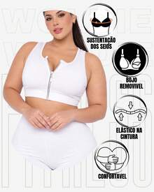 Women's Plus Size Cropped Fitness Top With Zipper And Removable Padding, WOLFOX, In Polyester Spandex. - White - View 3