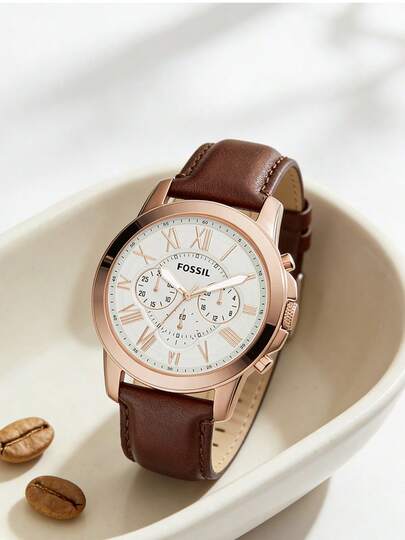  Đồng hồ nam Fossil, vỏ màu be, dây da màu nâu, mặt số trắng với chữ số La Mã, máy quartz, thời trang đeo hàng ngày, món quà hoàn hảo (FS4991)